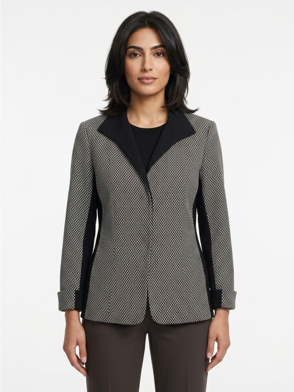 Lafayette 148 New York Contrast Panel Woven Blazer Black White Size 10